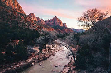 high desert river at sunset