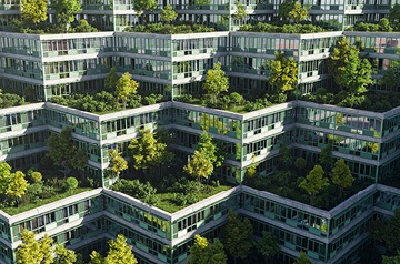 buildings with trees on the roofs