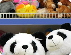 gift shop shelf of stuffed animals