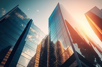 Sunset reflected in the windows of skyscrapers