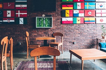 cafe with international flags decor