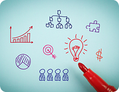 small, simple marker drawings of chart, puzzle piece, and other icons