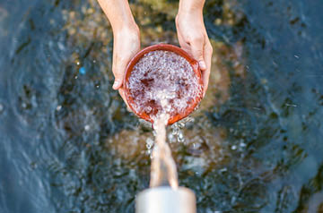 Two hands holding a bowl with water being poured into it