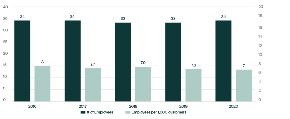 Bar chart comparing the number of employees and the number of employees per 1,000 customers from 2016 through 2020