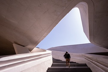 Person walking up marble staircase
