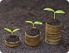 little green sprouts rising from three stacks of coins