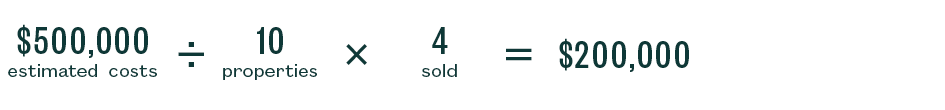 Formula $500K estimated costs divided by 10 properties multiplied by 4 sold equals $200K