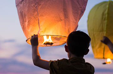 lighting fire under paper lantern