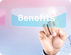 Hand touching a future-tech rendering of button labeled BENEFITS