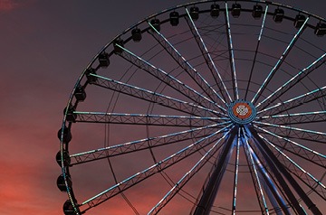 Looking upward along the side of a Ferris wheel
