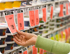 retail shelf with sales labels