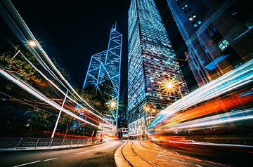 Nightscape of a downtown area with blurred car lights