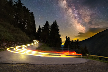long exposure of windy mountain road at night