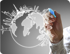 hand drawing an illustration of a globe with oversized skyscrapers