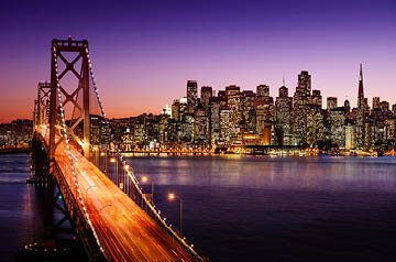 The Golden Gate Bridge with San Francisco in the background.