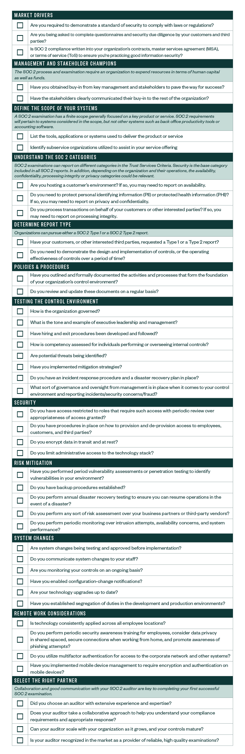 SOC 2 examination checklist