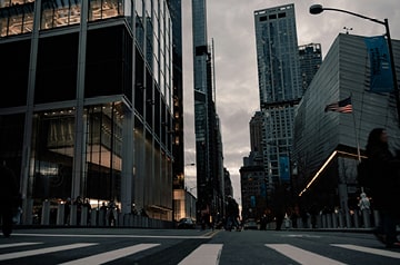 Busy city block on overcast day
